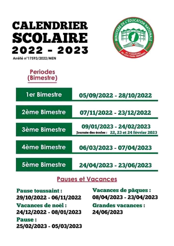 Le calendrier scolaire 2022-2023 CALENDRIER SCOLAIRE 2022 2023